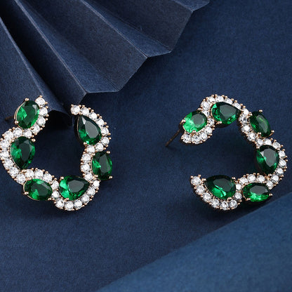 Retro Full-set Zircon Water Drop C Hoop Earrings for Women