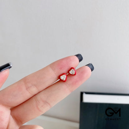 S925 Sterling Silver Red Heart Rubber Earrings