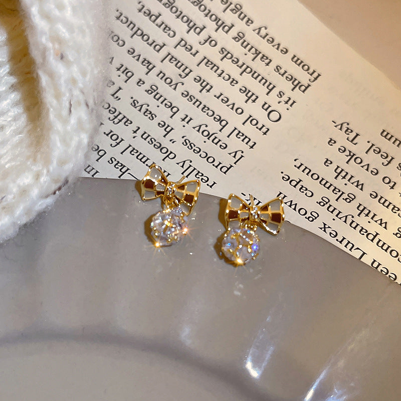 Electroplated Chequered Bow Zircon Ball Earrings