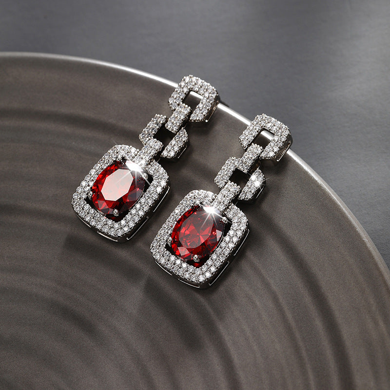 French Retro Square Full-set Zircon Large Gemstone Earrings