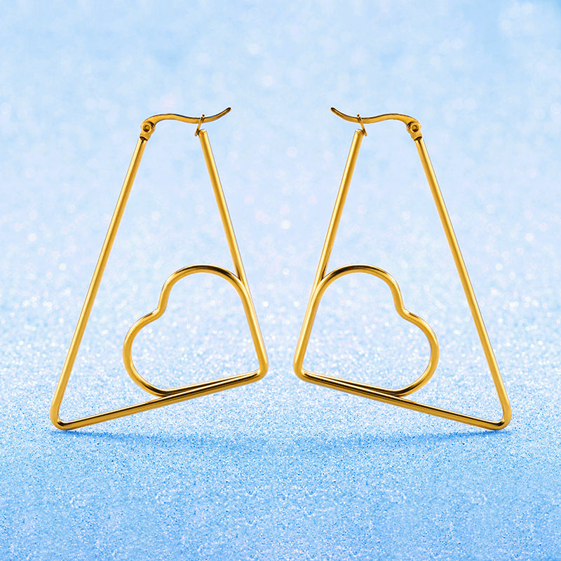Cutout Triangle Stylish Geometric Stainless Steel Earrings with Peach Heart