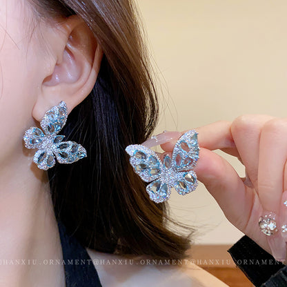 Silver Needle Zircon Butterfly Stud Earrings