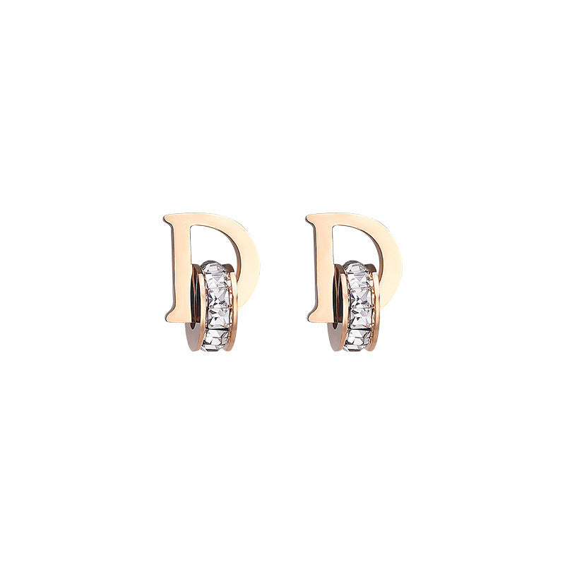 Titanium Steel Letter D Simple Rhinestone Earrings