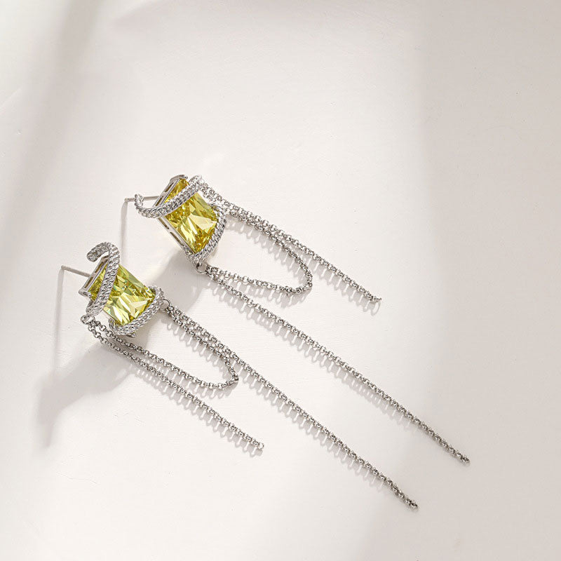 Square Zircon Bundle Long Tassel Chain Earrings for Women