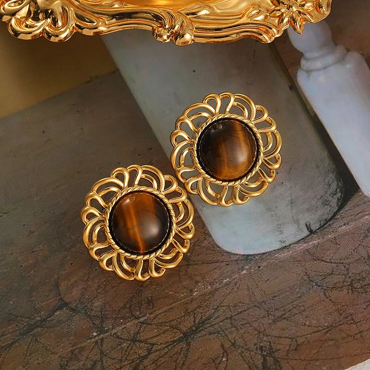 Tiger Eye Sunflower Golden Earrings