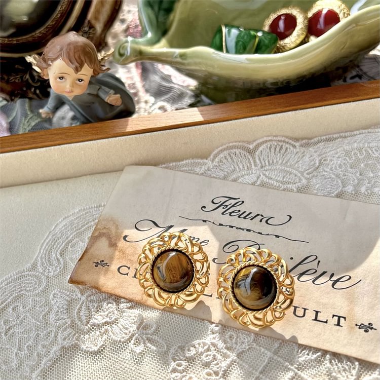 Tiger Eye Sunflower Golden Earrings