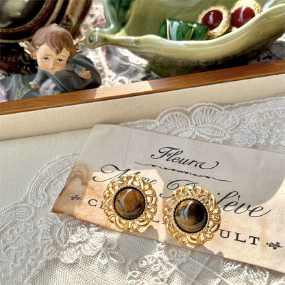 Tiger Eye Sunflower Golden Earrings