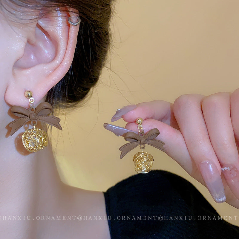 Silver Needle Wrapped Round Ball Bow Earrings