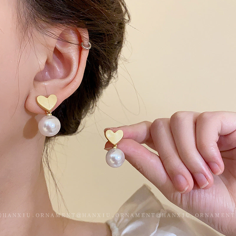 Silver Needle Heart Pearl Earrings