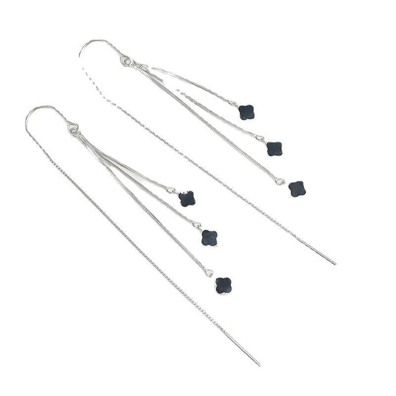 S925 Sterling Silver Four-leaf Clover Tassel Earrings