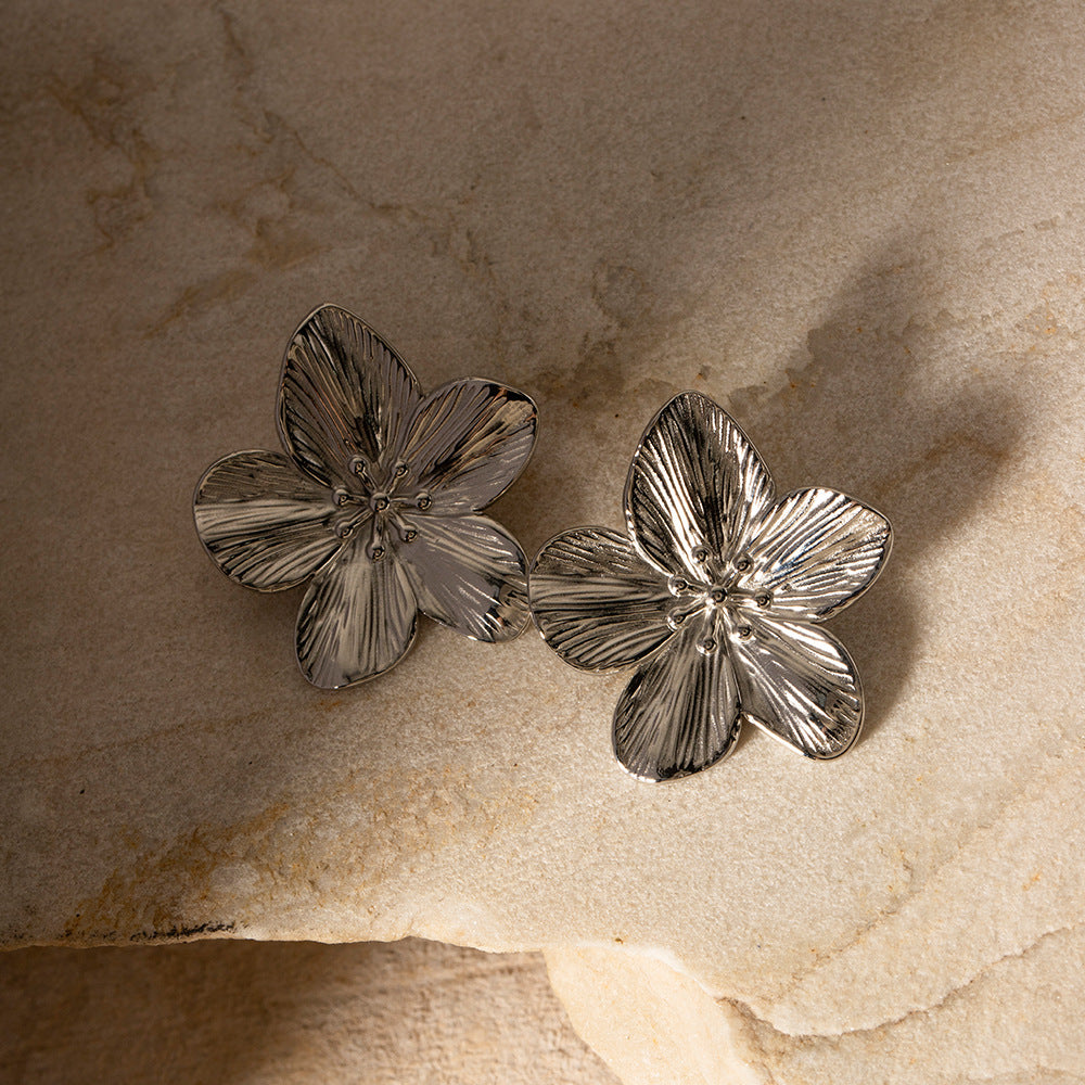 Silver Titanium Steel Flower Earrings