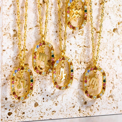 Zircon Openwork Oval Constellation Zodiac Necklace