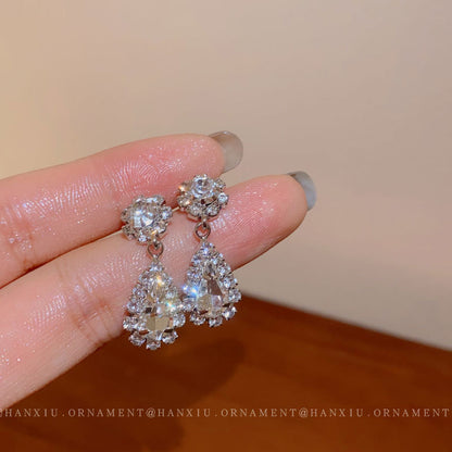 Silver Needle Zircon Water Drop Geometric Earrings