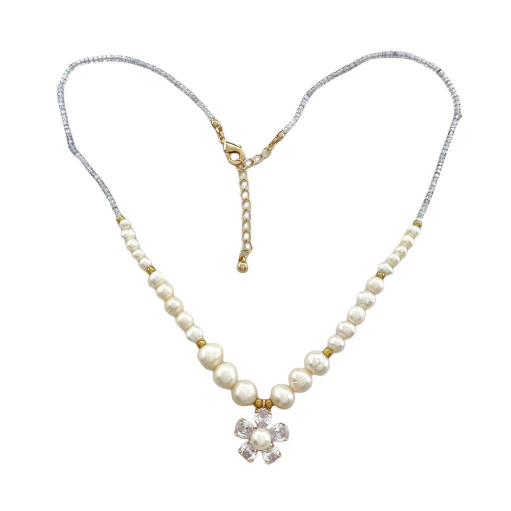 Copper Plated Gold Zircon Flower Pearl Necklace