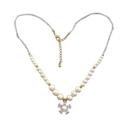 Copper Plated Gold Zircon Flower Pearl Necklace