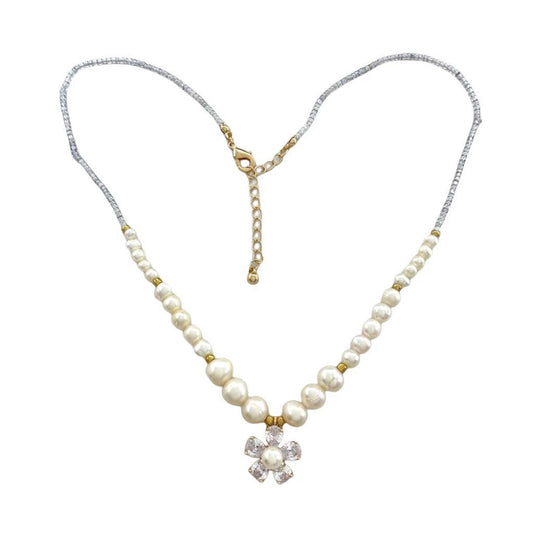 Copper Plated Gold Zircon Flower Pearl Necklace