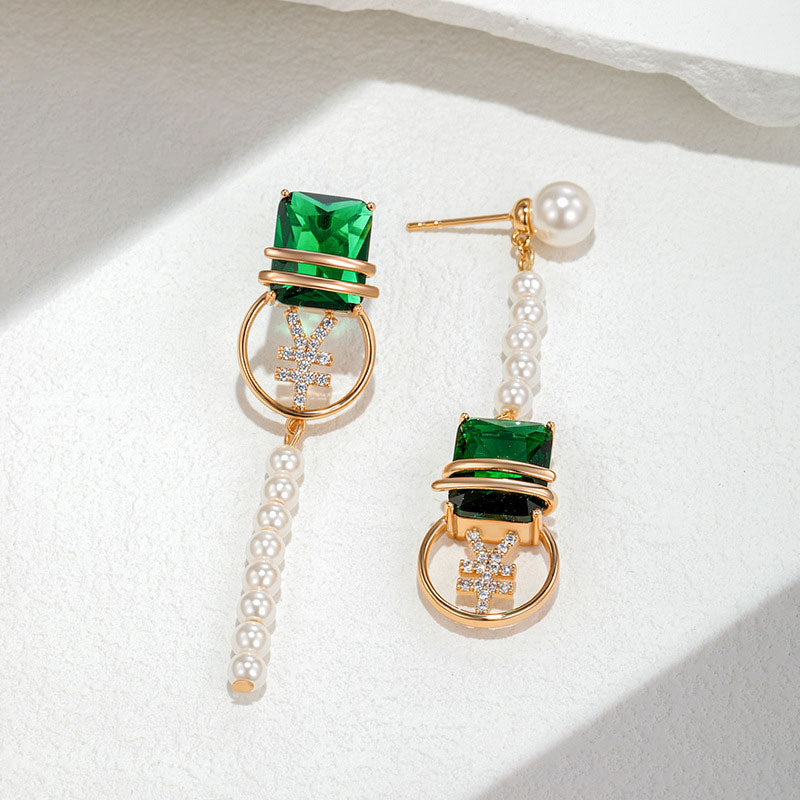Vintage Green Zircon Imitation Pearl Earrings