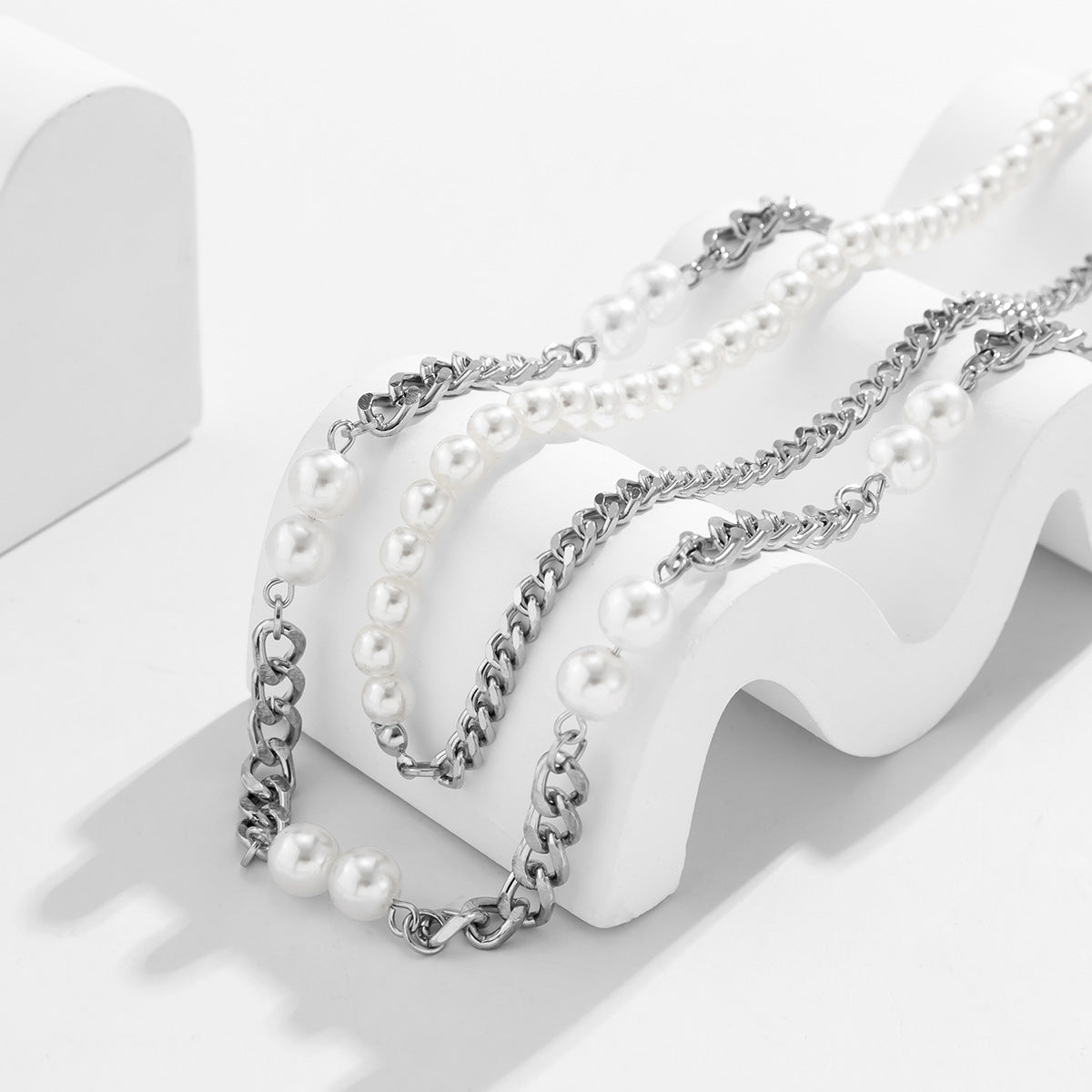 Fashion Spliced Pearl Hip Hop Double Layer Design Necklace