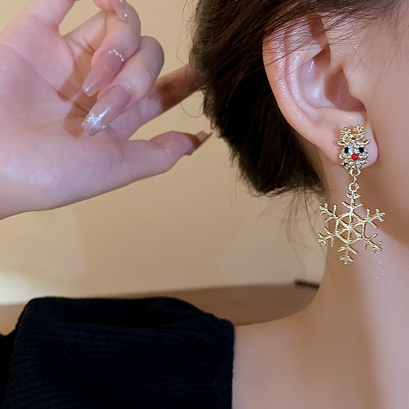 Cute Full Stones Elk & Snowflake Drop Earrings