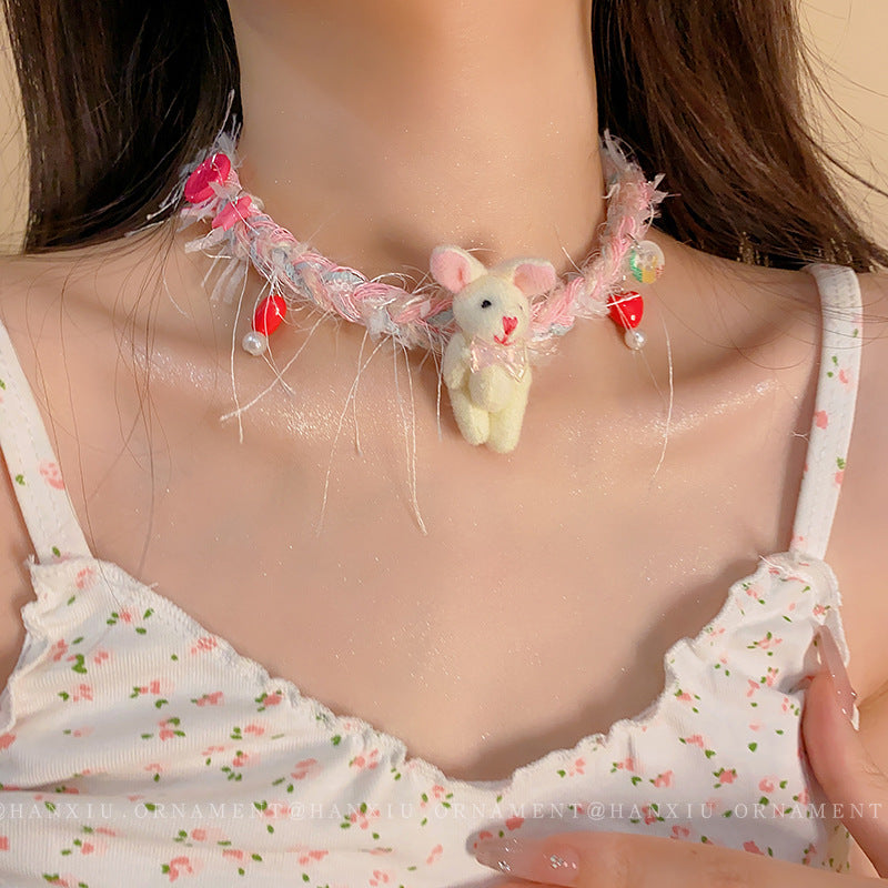 Braided Rope Rabbit Love Button Necklace