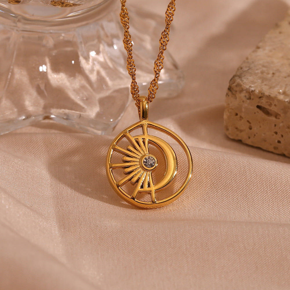 Stainless Steel Hollow Sun Moon Necklace