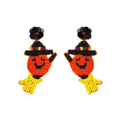 Halloween Funny Pumpkin Witch Earrings Riding A Broom
