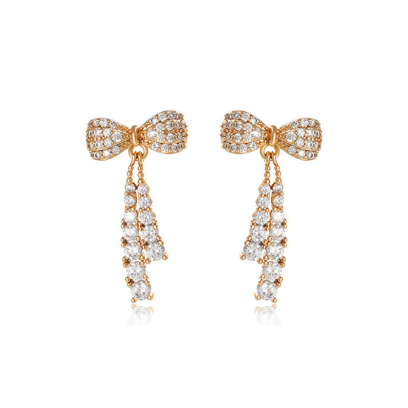 Micro Studded Zirconium Tassel Bow Earrings for Women