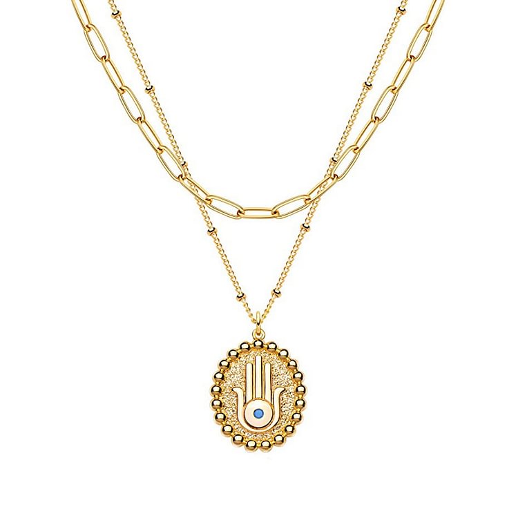 Evil Eye Hamsa Gold Color Layered Chain Necklace