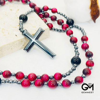 Pink Tiger Eye Cross Pandant Rosary Necklace