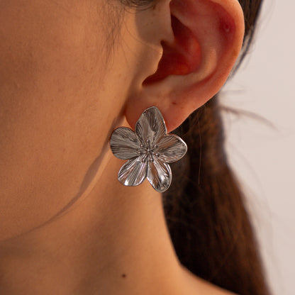 Silver Titanium Steel Flower Earrings