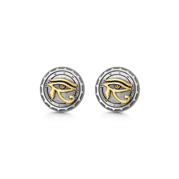 Round Golden Eye Of Horus Vintage Sterling Silver Stud Earrings