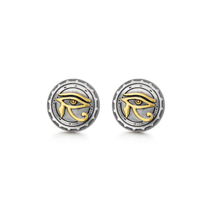 Round Golden Eye Of Horus Vintage Sterling Silver Stud Earrings