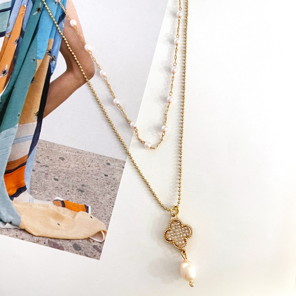 Pearl Copper Set Zirconium Four-leaf Clover Necklace
