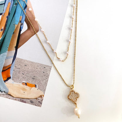 Pearl Copper Set Zirconium Four-leaf Clover Necklace