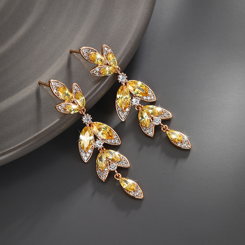 Retro Long Flower Inlaid Zircon Earrings for Women