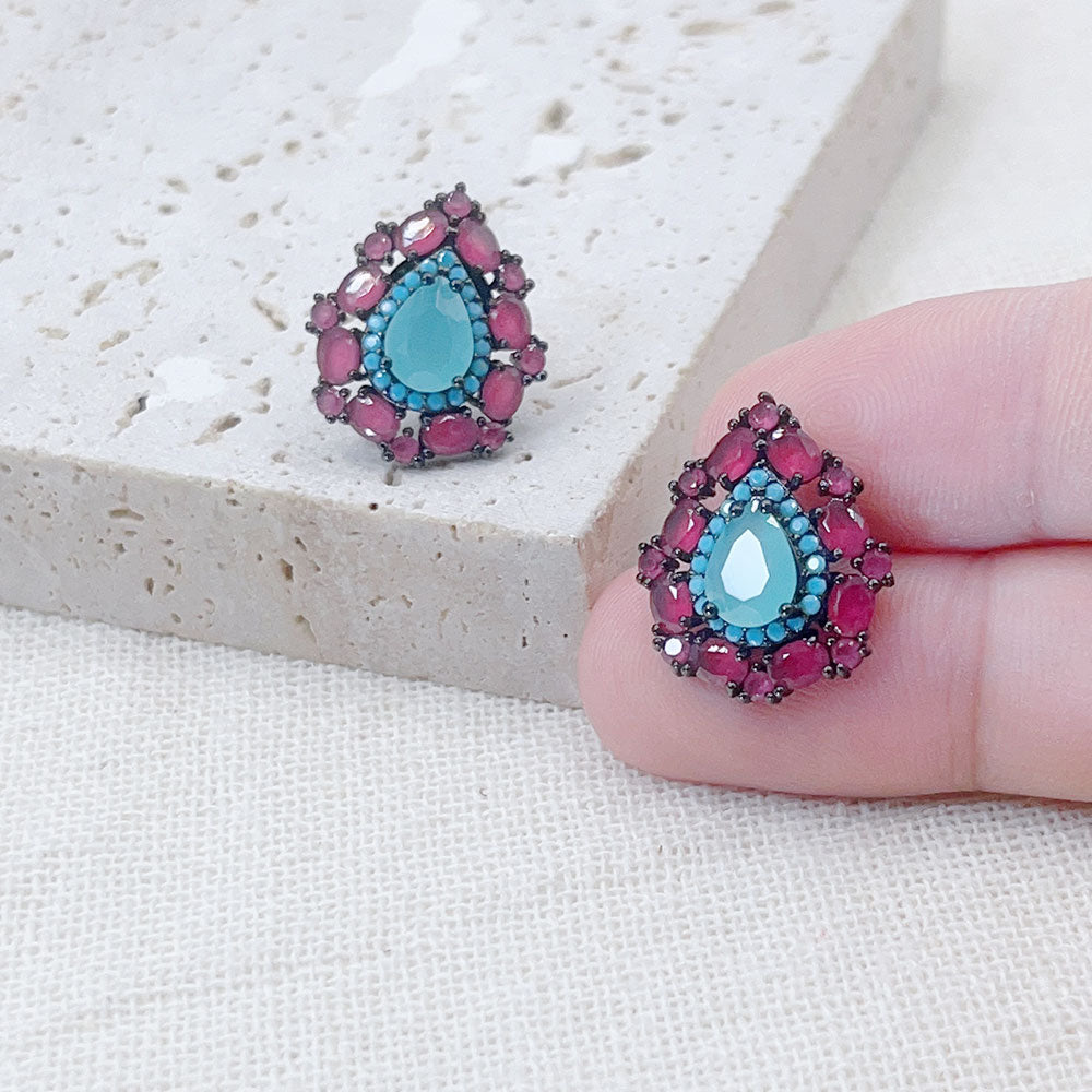 Turquoise Pear-Shaped Pink Zircon Inlaid Earrings
