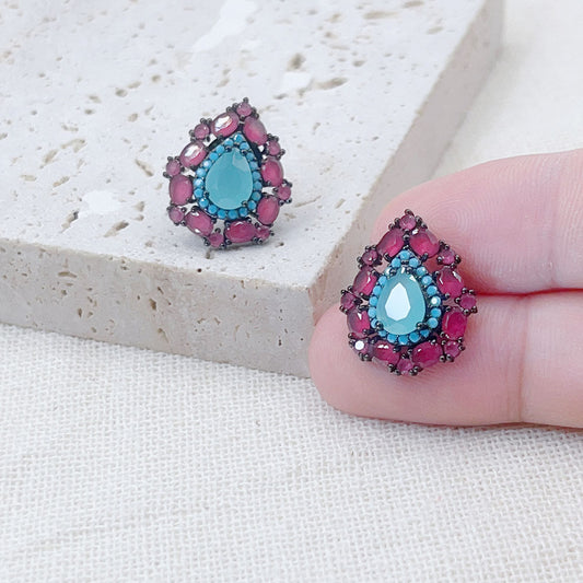 Turquoise Pear-Shaped Pink Zircon Inlaid Earrings
