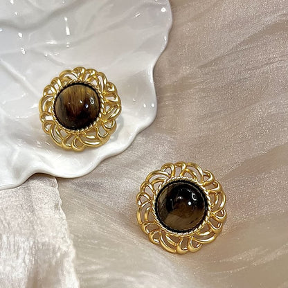 Tiger Eye Sunflower Golden Earrings