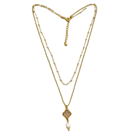 Pearl Copper Set Zirconium Four-leaf Clover Necklace