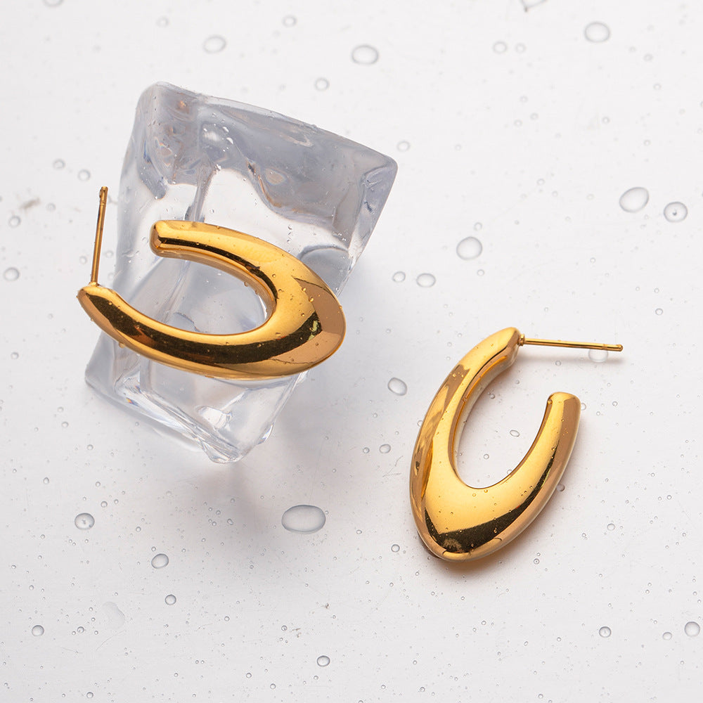 Oval U-shaped Earrings Titanium Steel Gold Earrings