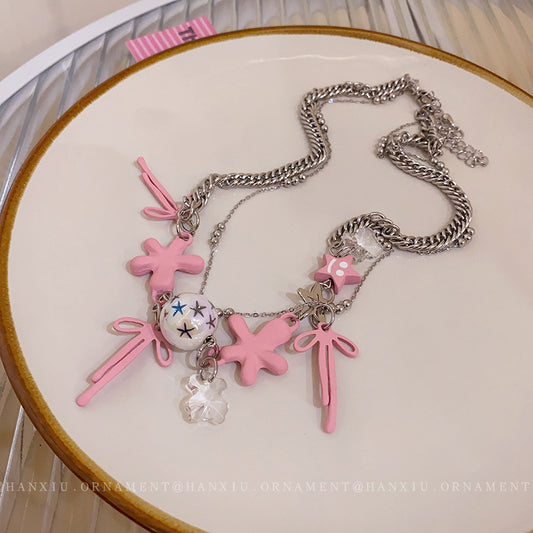 Five-pointed Bow Bear Double Necklace