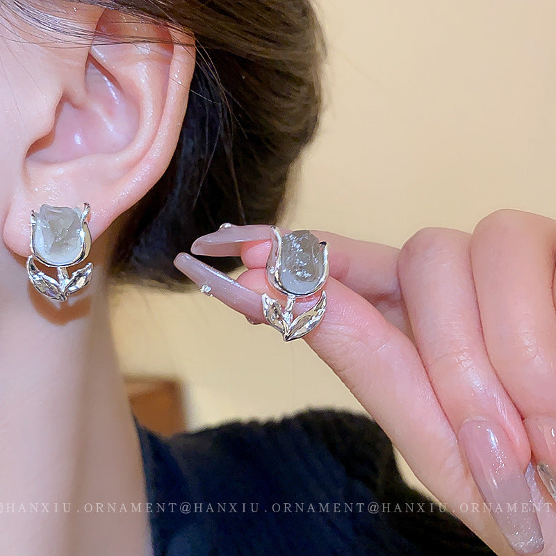 Silver Needle Flower Crystal Earrings