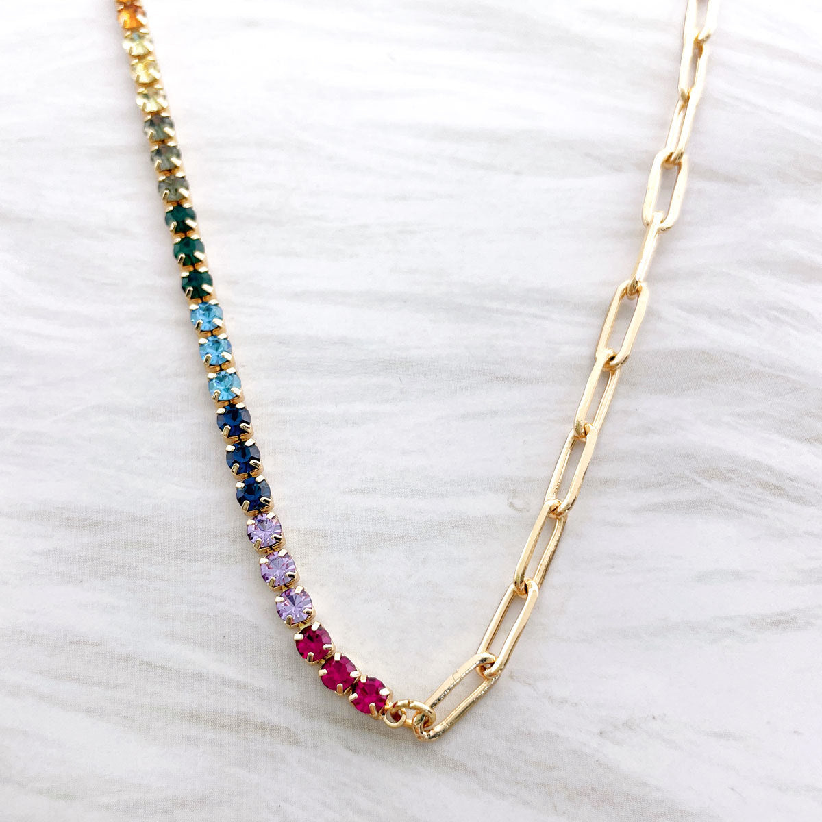 Colored Zircon Chain Spliced Metal Necklace