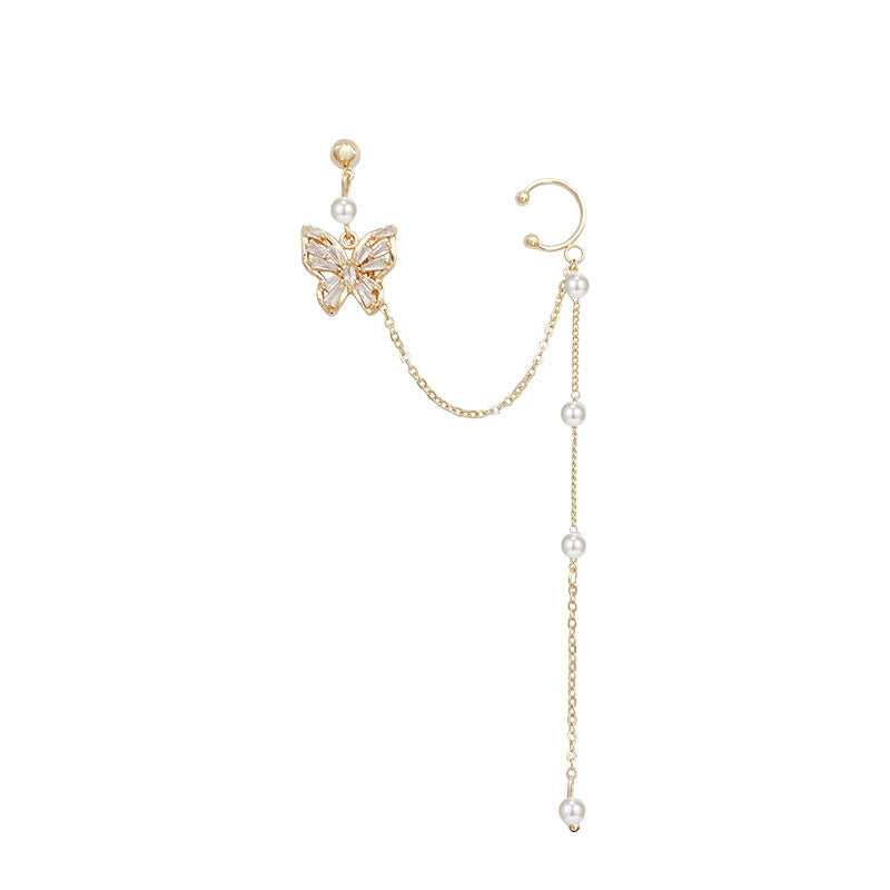 Butterfly Mori One-piece Bone Earrings with Pearl Chain Earrings