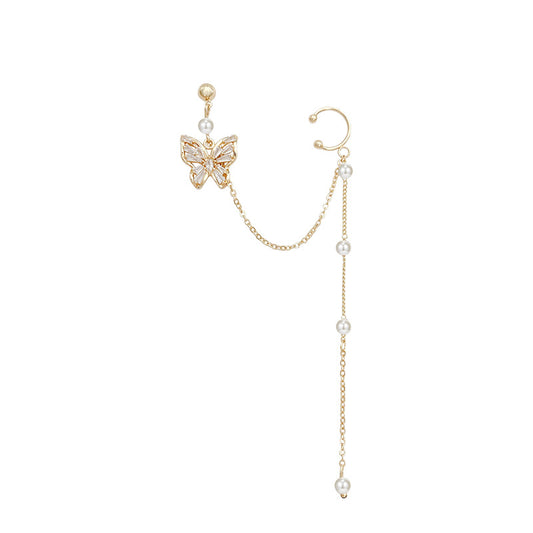 Butterfly Mori One-piece Bone Earrings with Pearl Chain Earrings
