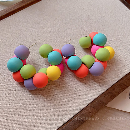 Silver Needle Candy-colored Round Pearl Earrings