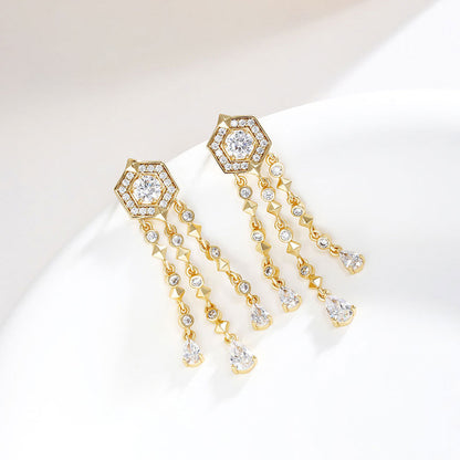 Micropaved Zirconia Gold Plated Long Tassel Earrings