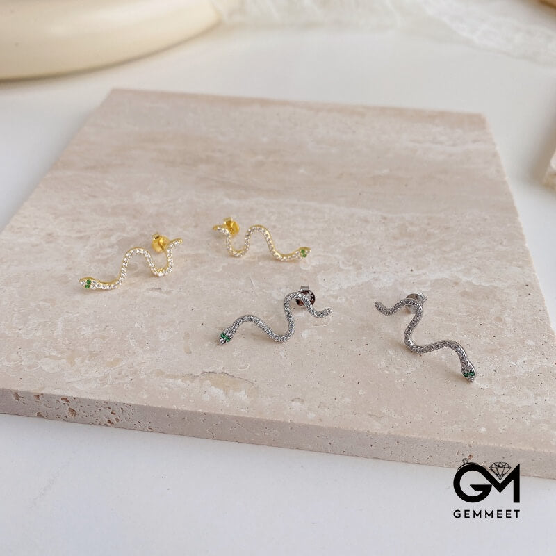 S925 Sterling Silver White Green Zircon Snake Earrings