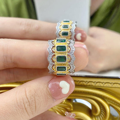 Seamless Inlaid Lace Carved Necklace Imitation Emerald Plated 18K Yellow Gold Ring