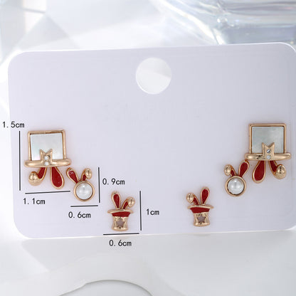 Rabbit One Card Three Pairs of Imitation Pearl Earrings for Women